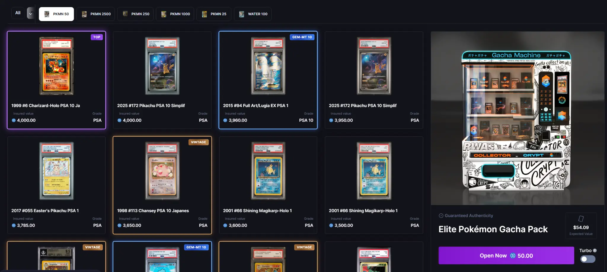 Collector Crypt gacha machine showing tokenized Pokémon card packs