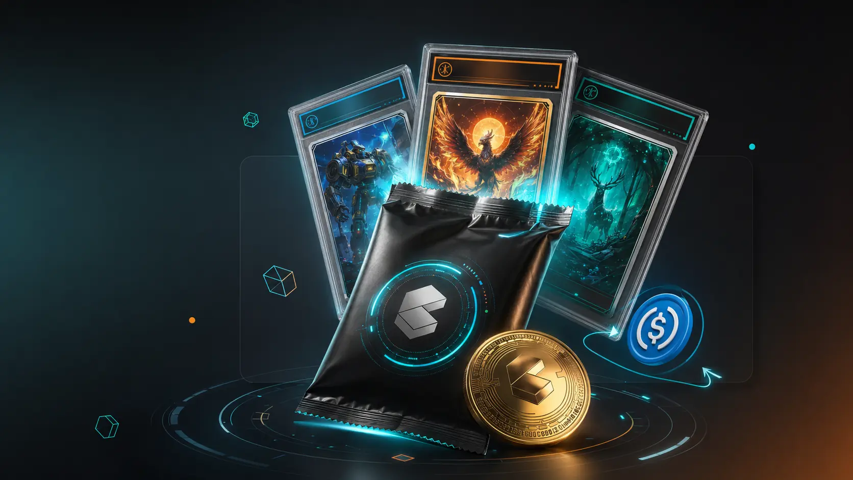 Tokenized trading cards emerging from a futuristic Collector Crypt gacha pack