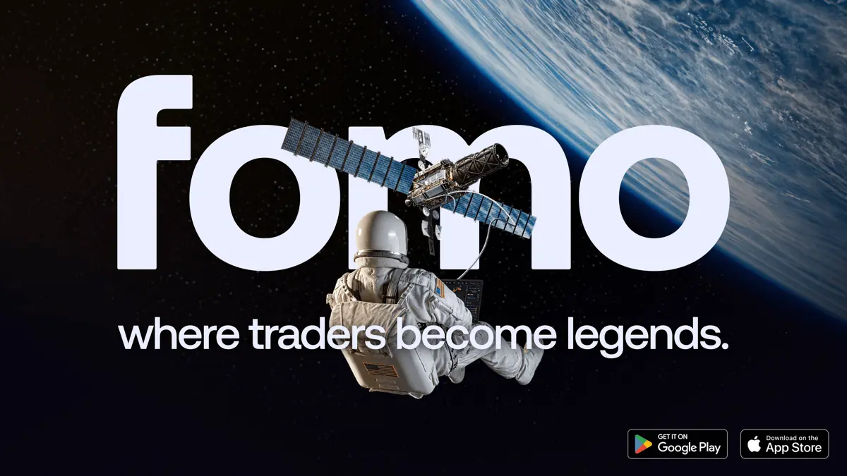 Fomo app logo with an astronaut above Earth and the text where traders become legends
