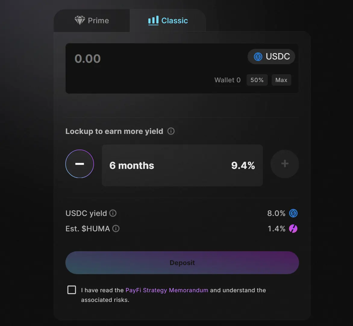 Huma Classic deposit interface showing a six-month USDC strategy