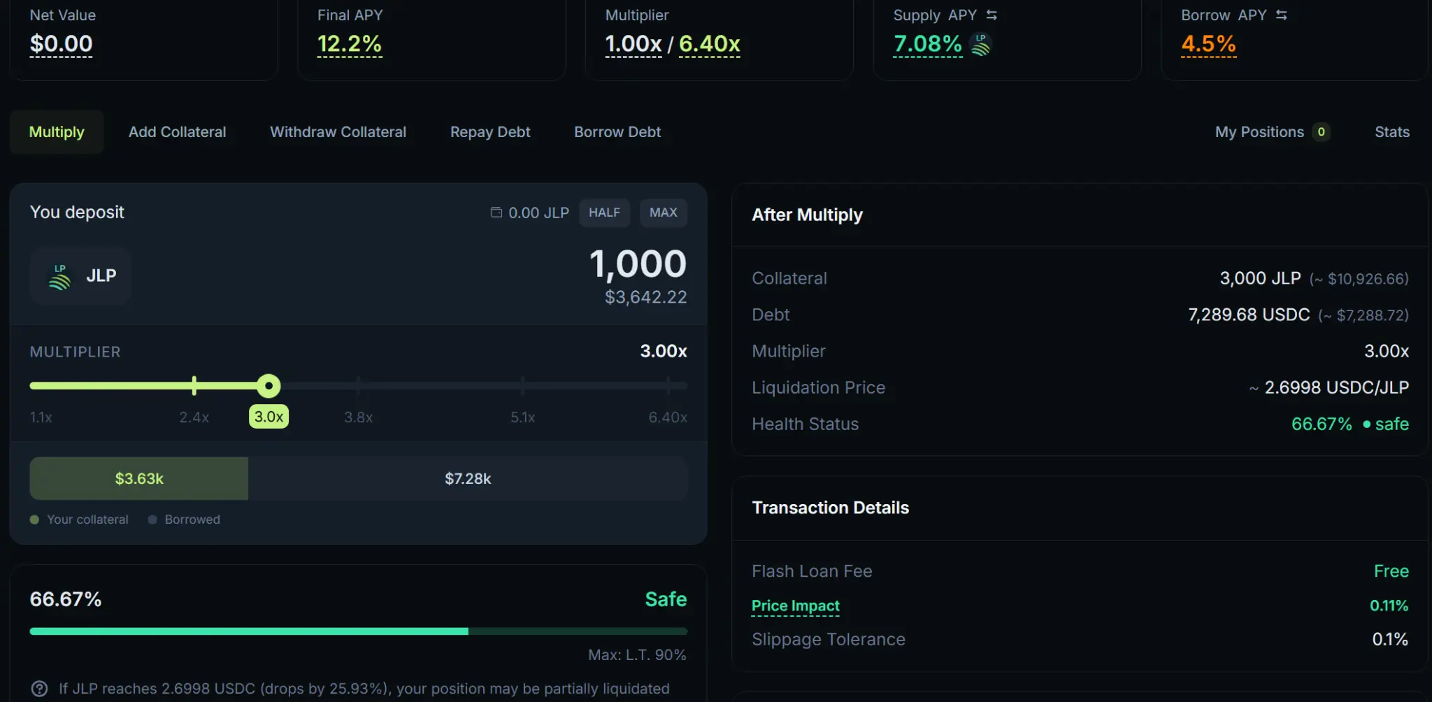 Jupiter Lend JLP multiply interface showing leverage, supply APY, borrow APY, and health status
