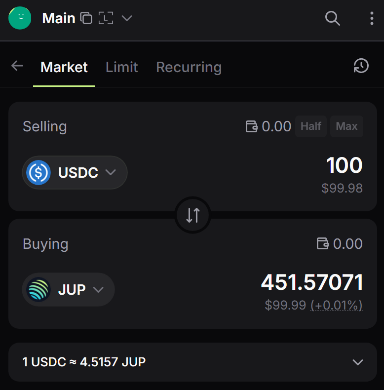 Jupiter token swap details