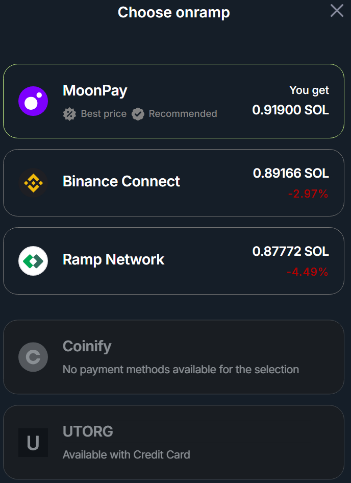 Jupiter Wallet onramp provider comparison