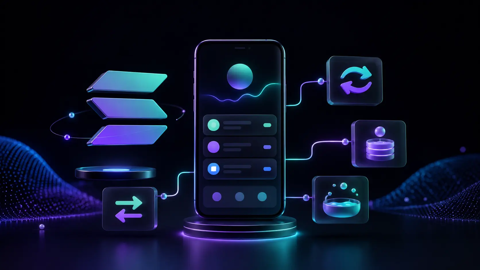 Solana beginner guide illustration with a crypto wallet, token transfers, swaps, staking, and DeFi