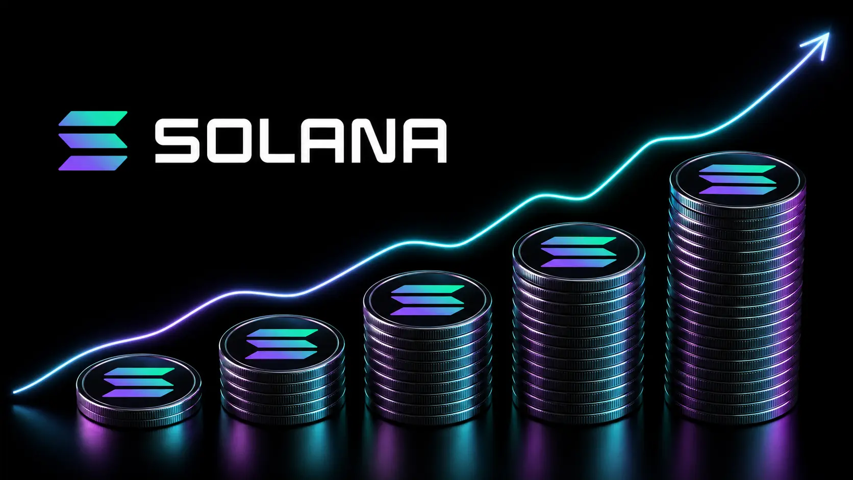 Solana passive income illustration with the Solana logo, coin stacks, and an upward line