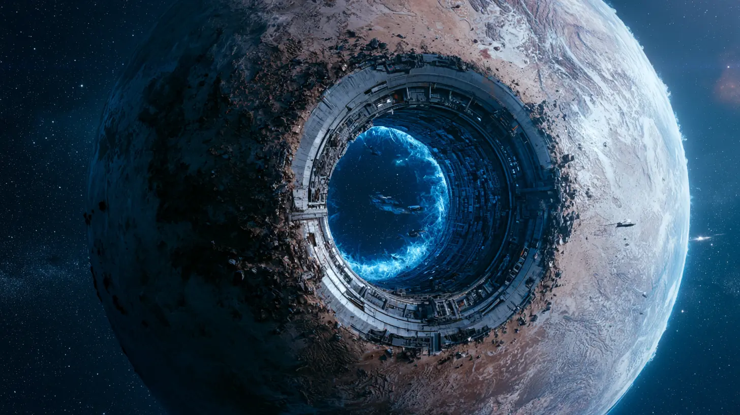 Starships approach an enormous blue-energy stargate carved directly through the dwarf planet Eris