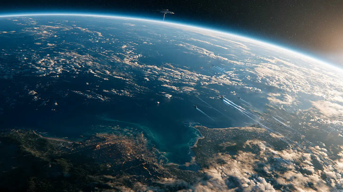 Corporate starships descend toward a coastal city on a blue ocean world