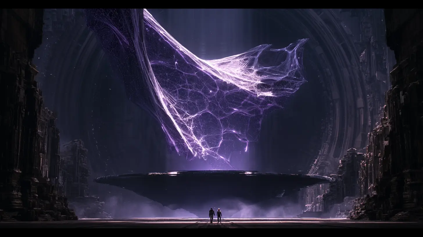 Two explorers stand beneath a colossal purple rhillium structure inside an ancient Rhean chamber