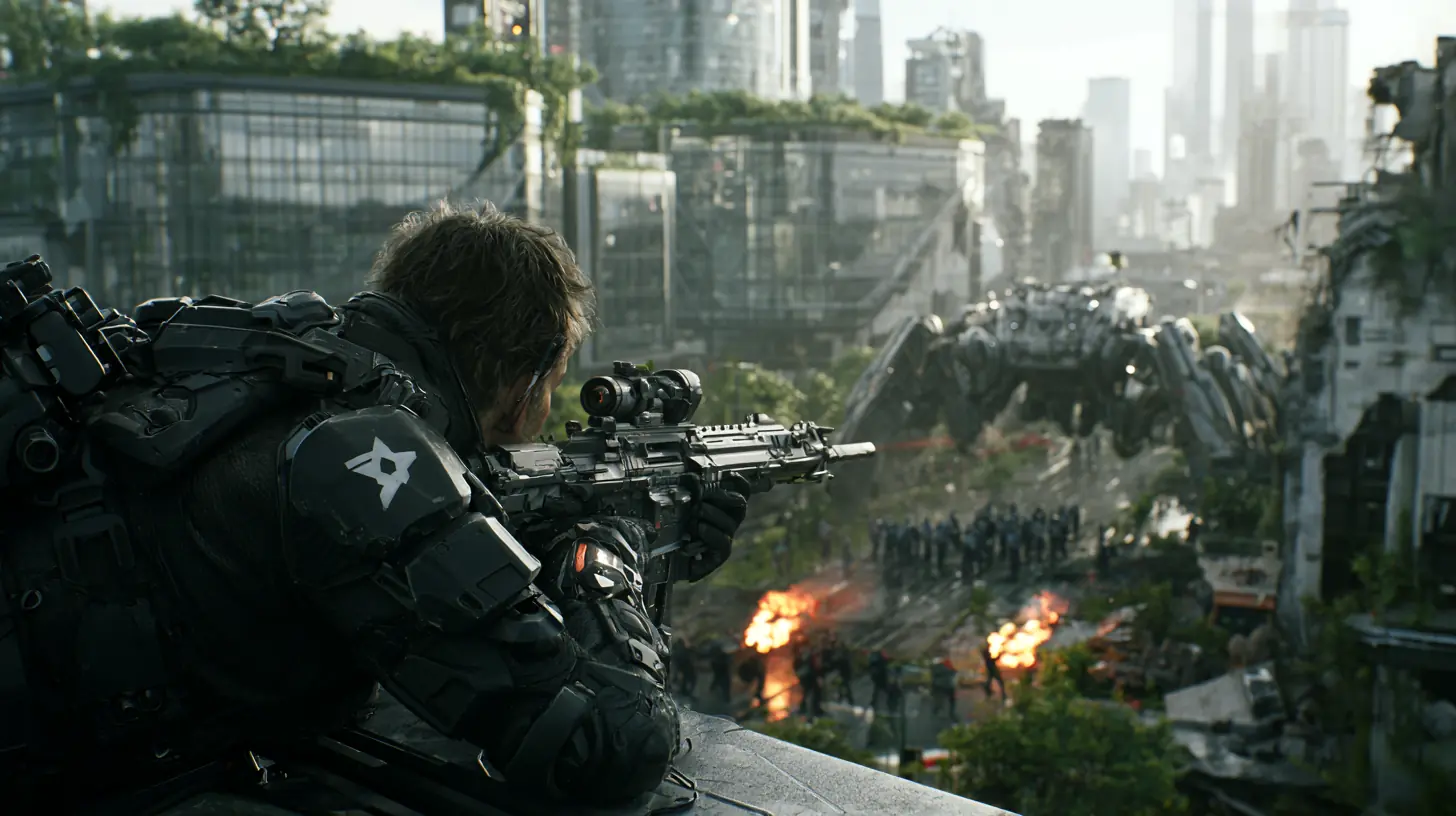 A Liberation Army soldier confronts autonomous corporate forces in a war-torn futuristic city