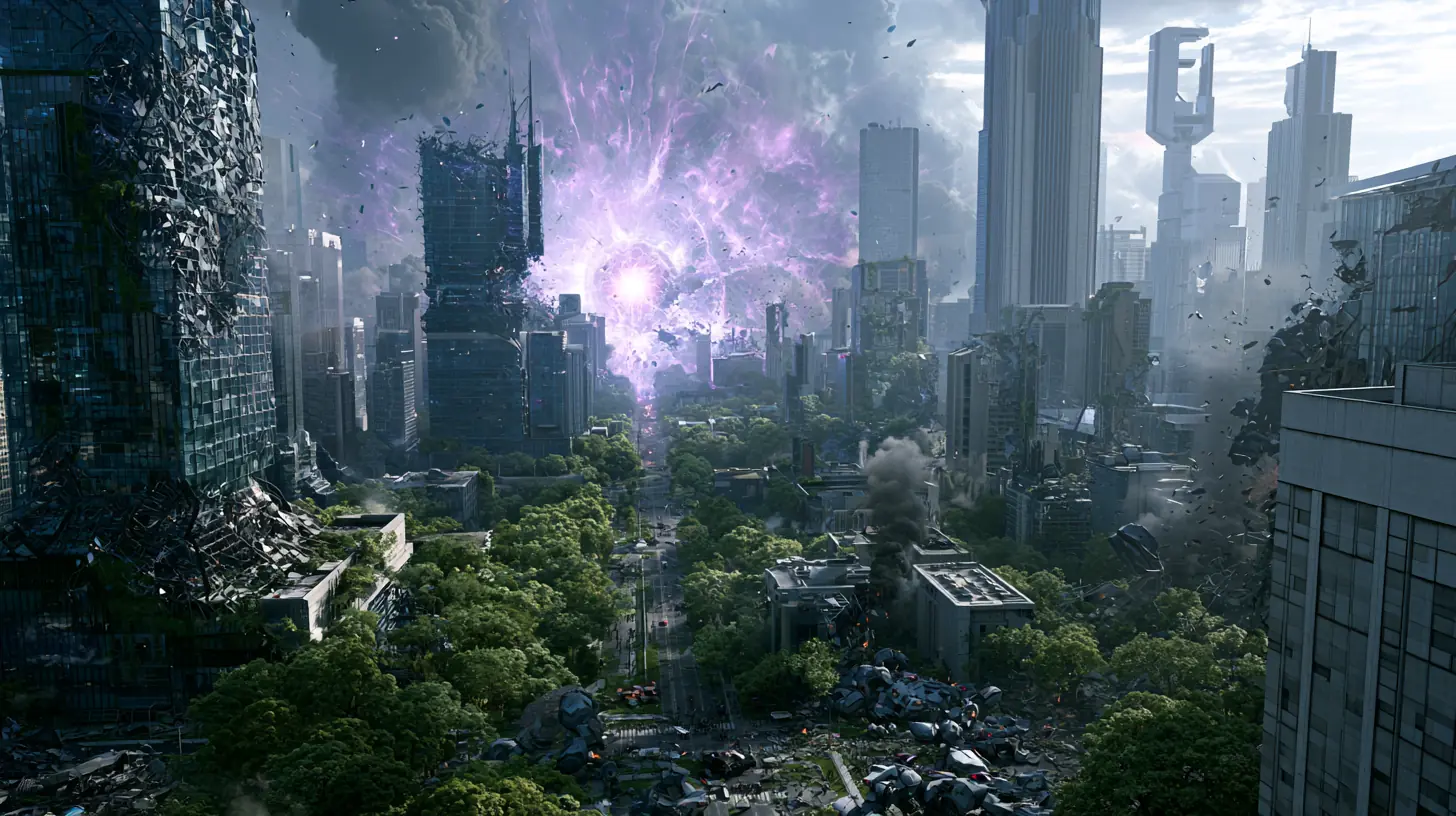 A purple Rhean superweapon detonates amid the towers of Arcadia