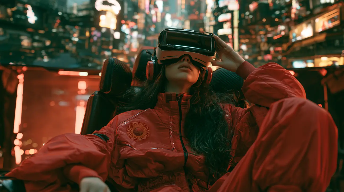 A corporate citizen wearing a neural entertainment visor sits beneath a city of glowing screens